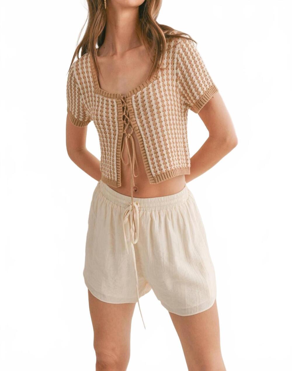 NEW SAGE THE LABEL amore lace up front crop sweater in ivory & taupe